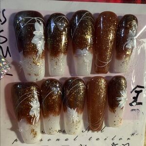 Brown and Gold Glitter False Nails